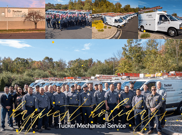 Tucker Mechanical holiday card showing staff and vehicles