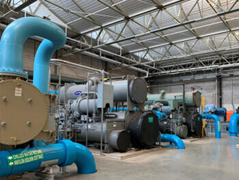 View of a complex chiller system at a facility